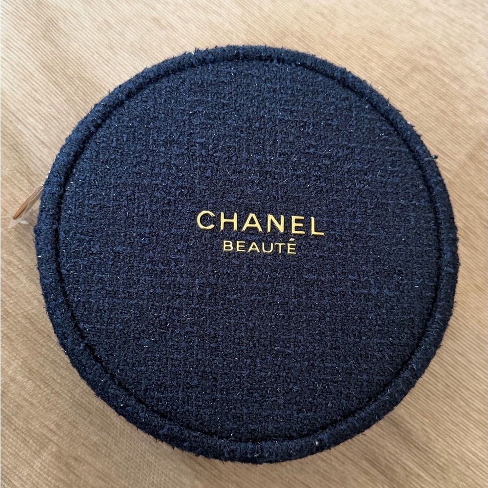 CHANEL Black Tweed Round Cosmetic Case with Gold Logo